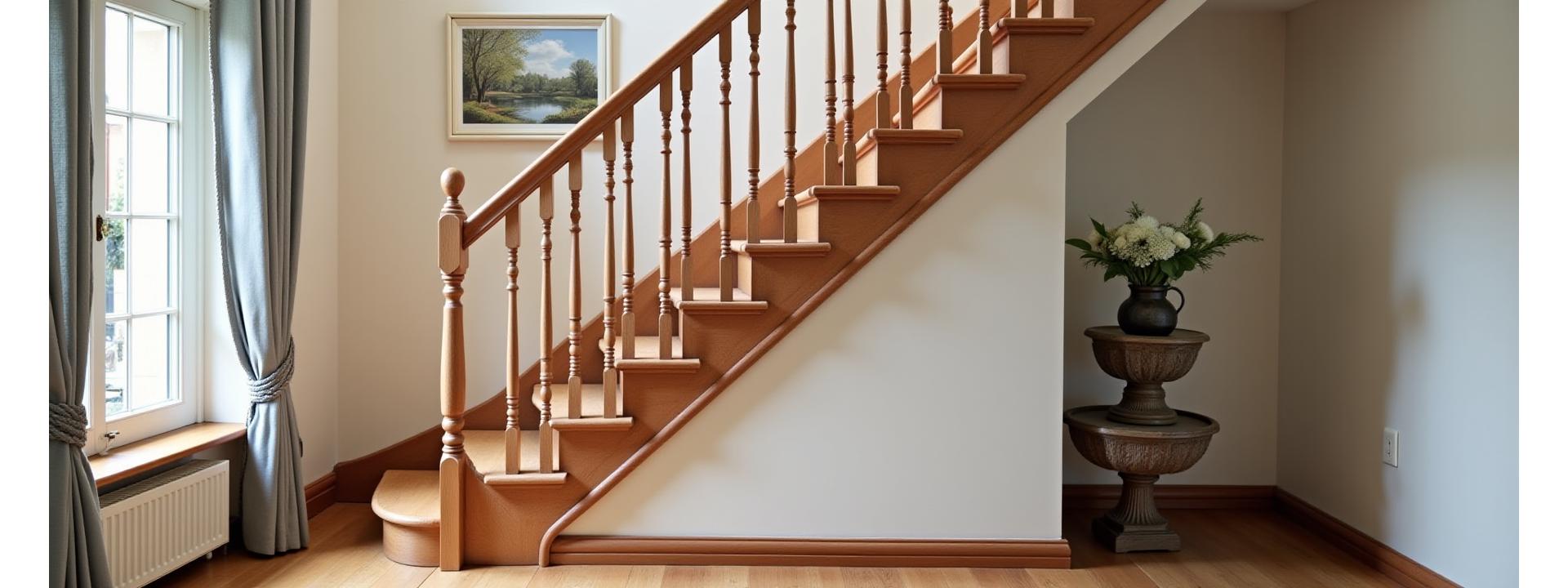 Classic traditional wooden staircase with rich mahogany finish and white risers, leading to an upper floor